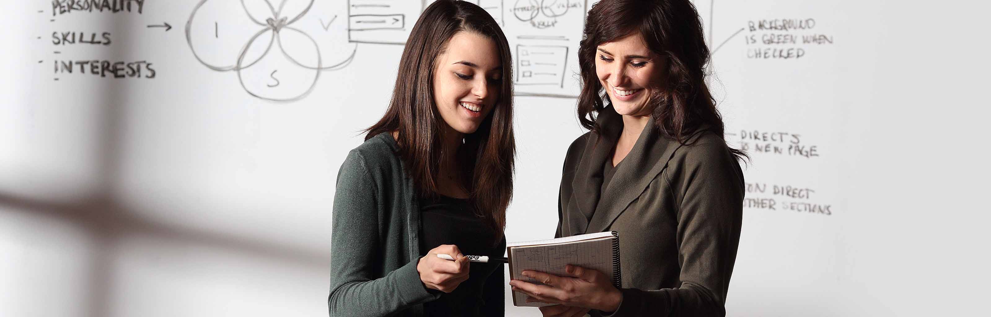 Two IU students concept a website in front of a whiteboard.