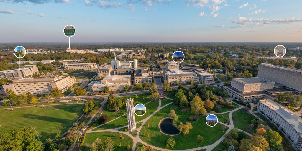 A drone shot of IU Bloomington's campus in the summer